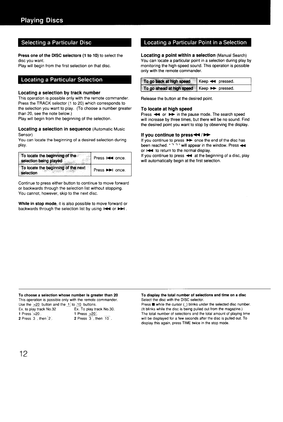 Locating a particular point in a selection, Locating a particular selection, Locating a selection by track number | To locate at high speed, If you continue to press-*d, Selecting a particular disc | Sony CDP-C9ESD User Manual | Page 12 / 20