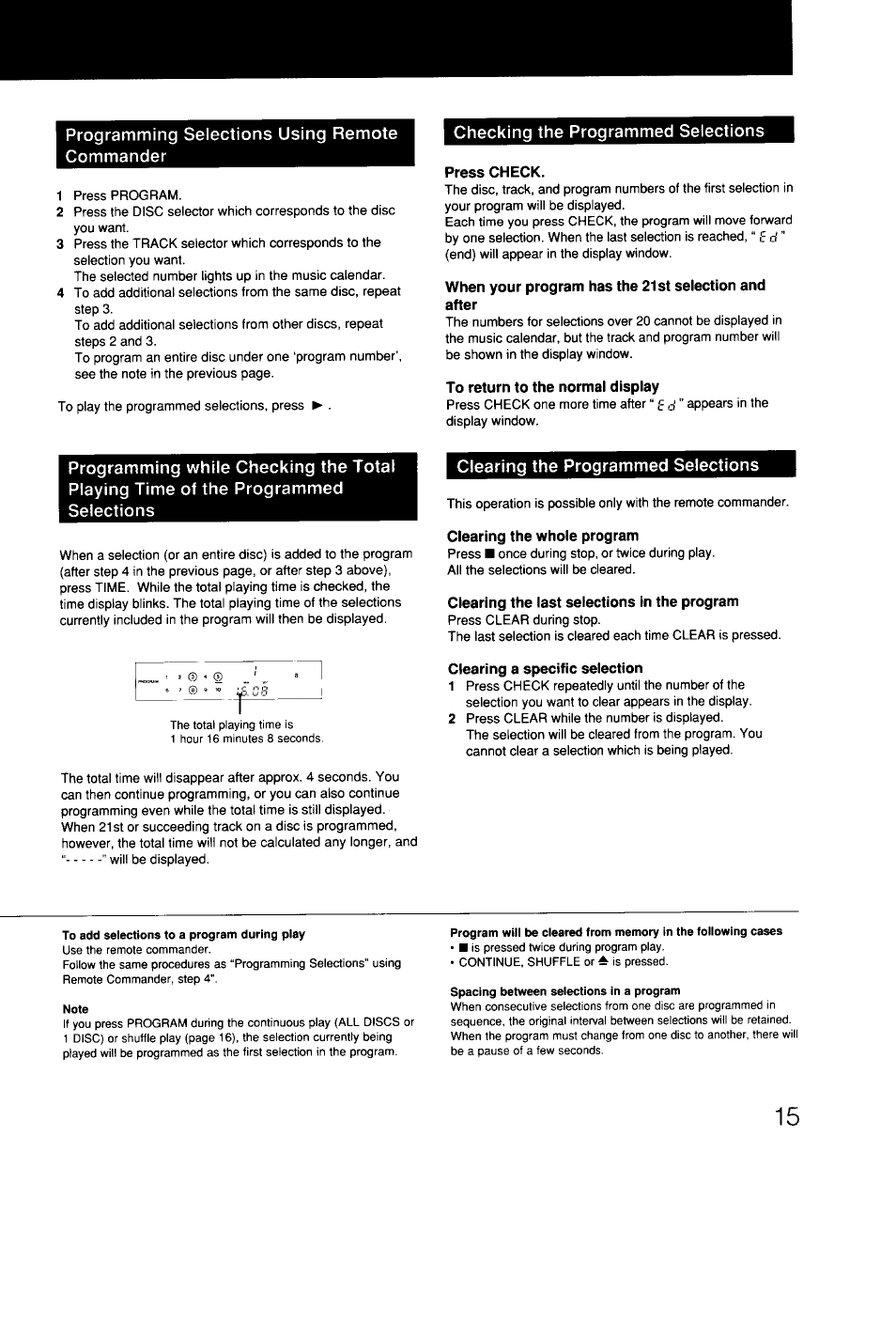 Programming selections using remote commander, Checking the programmed selections, Press check | When your program has the 21st selection and after, To return to the normal display, Clearing the programmed selections, Clearing the whole program, Clearing the last selections in the program, Clearing a specific selection | Sony CDP-C9ESD User Manual | Page 15 / 20