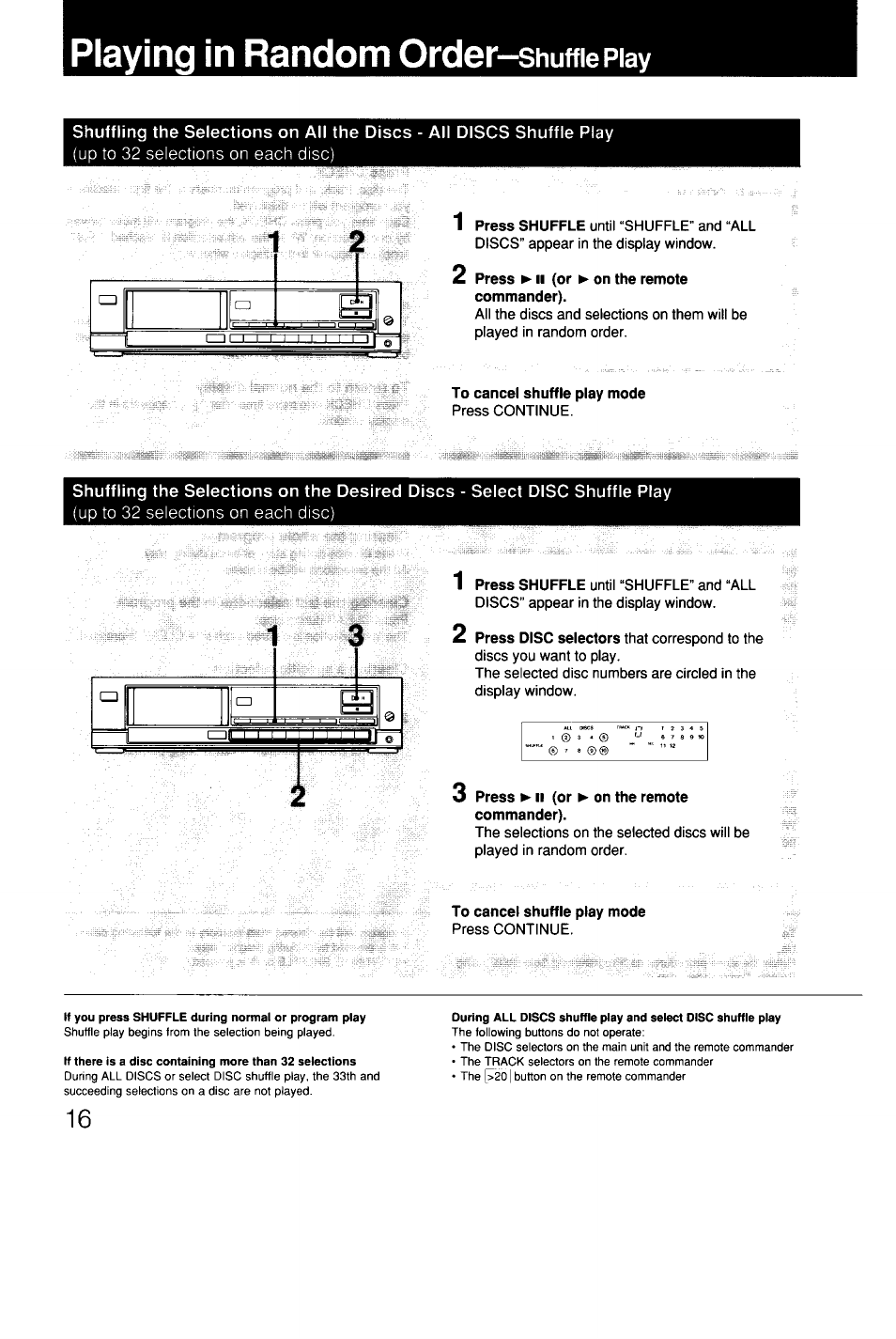 Playing in random order-shuffiepiay, 2 press ► ii (or ► on the remote commander), To cancel shuffle play mode | 3 press >■ ii (or ► on the remote commander), Playing in random order—shuffle play | Sony CDP-C9ESD User Manual | Page 16 / 20