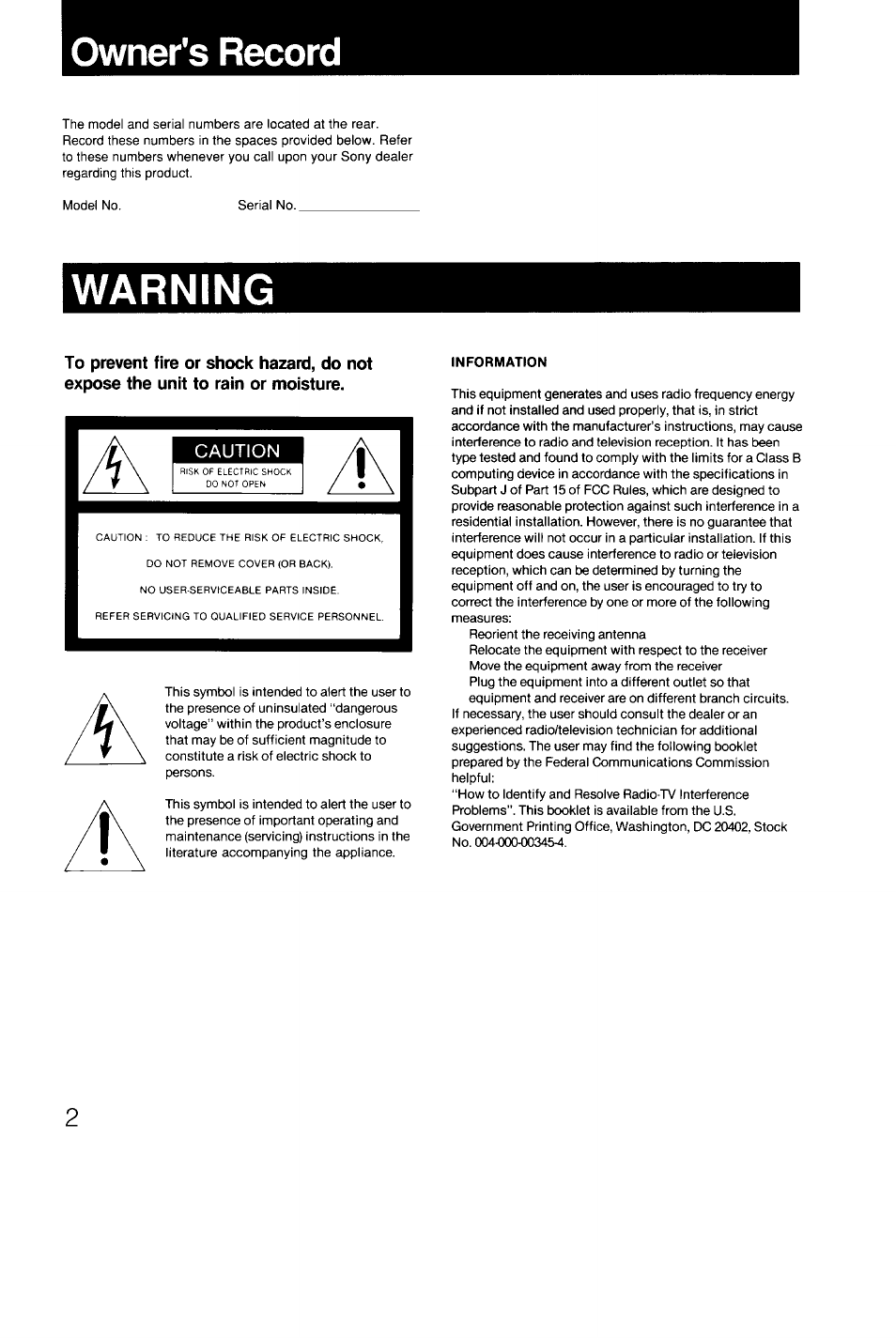 Owner's record, Warning, Caution | Sony CDP-C9ESD User Manual | Page 2 / 20