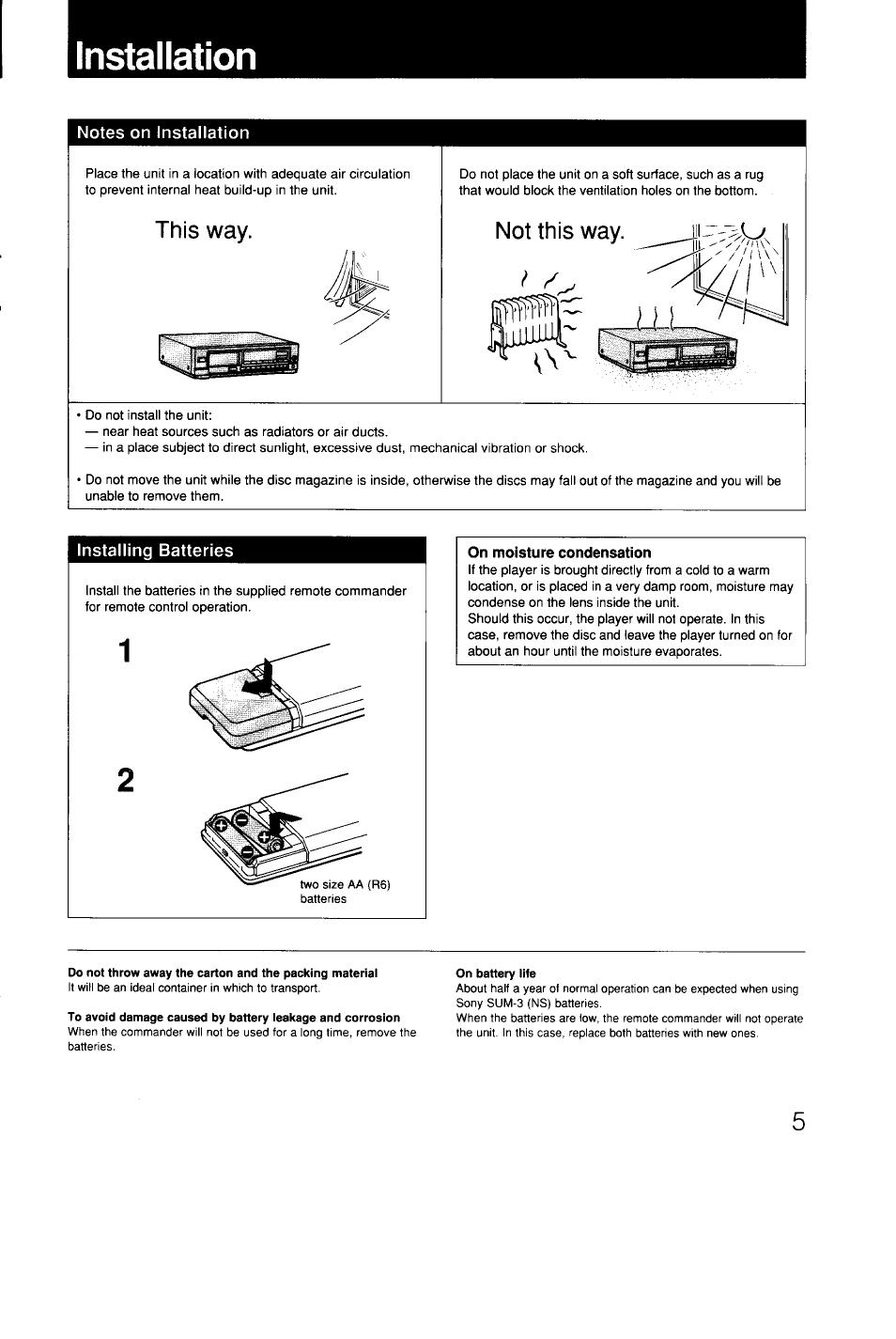 Installation, Notes on installation, Installing batteries | On moisture condensation, This way, Not this way | Sony CDP-C9ESD User Manual | Page 5 / 20