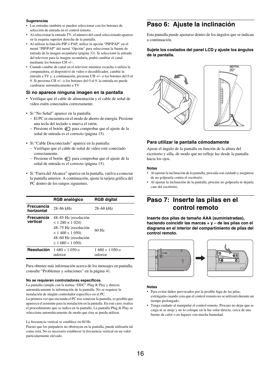 Paso 6: ajuste la inclinación, Paso 7: inserte las pilas en el control remoto | Sony MFM-HT205 User Manual | Page 104 / 133