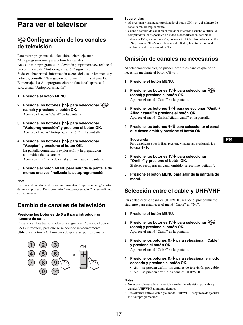 Para ver el televisor, Configuración de los canales de televisión, Cambio de canales de televisión | Omisión de canales no necesarios, Selección entre el cable y uhf/vhf | Sony MFM-HT205 User Manual | Page 105 / 133