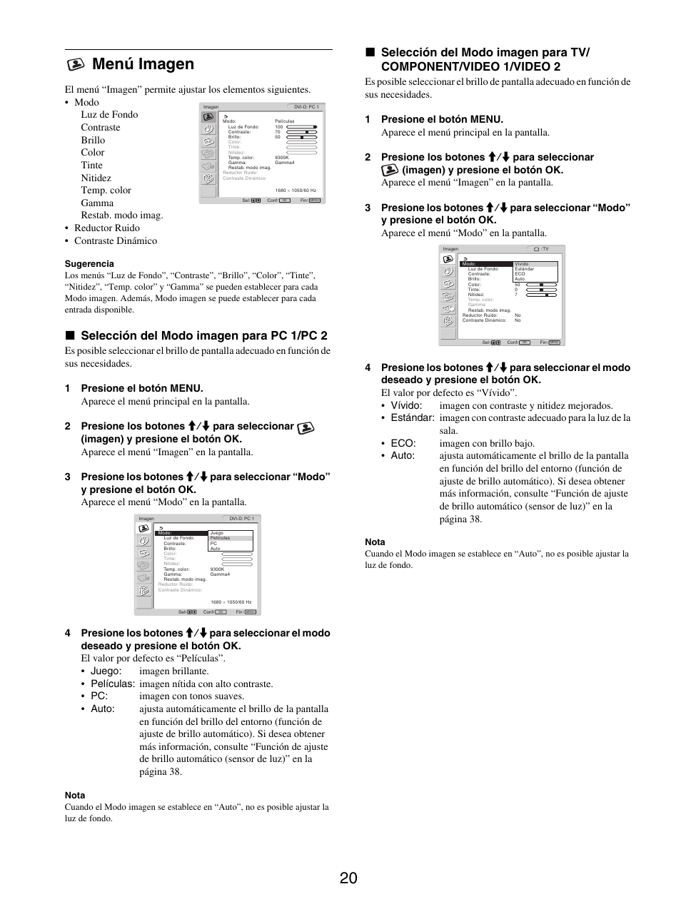Menú imagen, Selección del modo imagen para pc 1/pc 2, 20 menú imagen | X selección del modo imagen para pc 1/pc 2 | Sony MFM-HT205 User Manual | Page 108 / 133