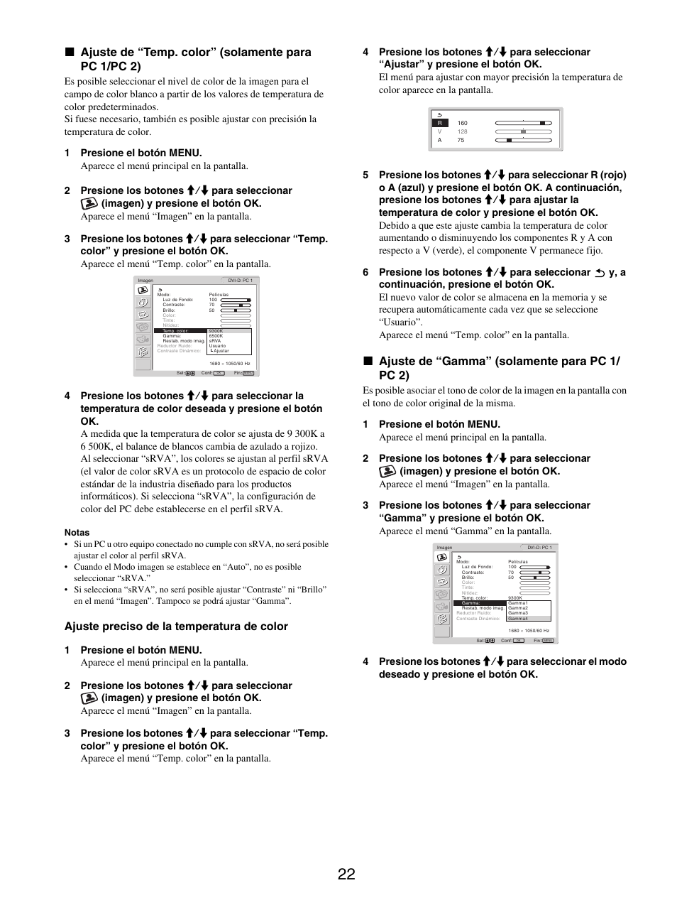 Ajuste de “temp. color” (solamente para pc 1/pc 2), Ajuste de “gamma” (solamente para pc 1/ pc 2), X ajuste de “gamma” (solamente para pc 1/ pc 2) | Ajuste preciso de la temperatura de color | Sony MFM-HT205 User Manual | Page 110 / 133