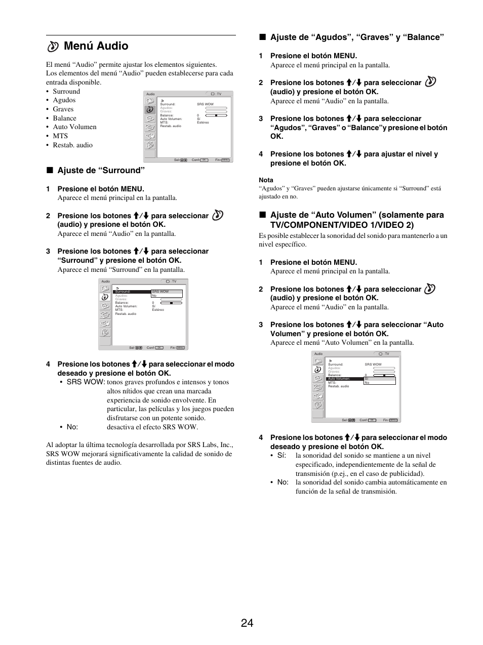 Menú audio, Ajuste de “surround, Ajuste de “agudos”, “graves” y “balance | 24 menú audio, X ajuste de “surround, X ajuste de “agudos”, “graves” y “balance | Sony MFM-HT205 User Manual | Page 112 / 133