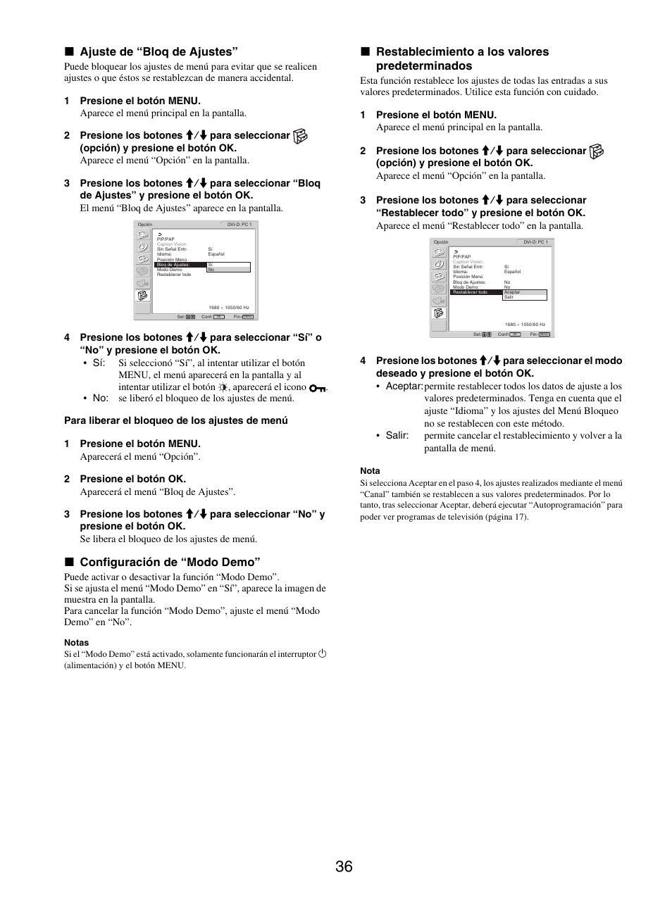 Ajuste de “bloq de ajustes, Configuración de “modo demo, Restablecimiento a los valores predeterminados | X ajuste de “bloq de ajustes, X configuración de “modo demo, X restablecimiento a los valores predeterminados | Sony MFM-HT205 User Manual | Page 124 / 133