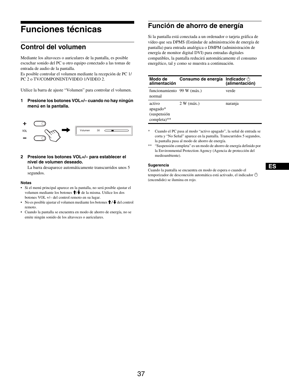 Funciones técnicas, Control del volumen, Función de ahorro de energía | Control del volumen función de ahorro de energía | Sony MFM-HT205 User Manual | Page 125 / 133