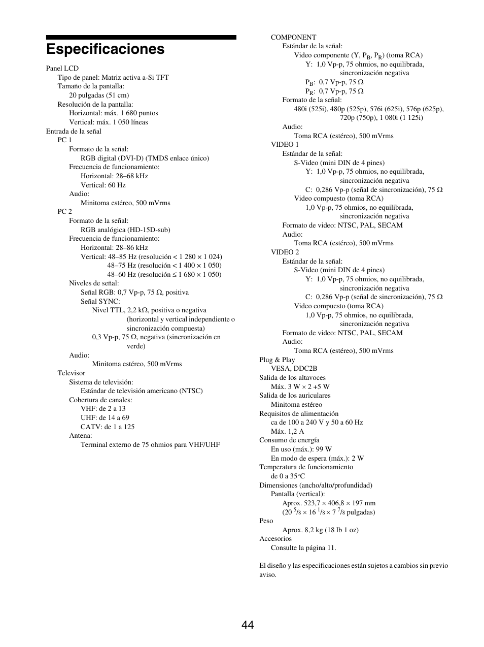 Especificaciones | Sony MFM-HT205 User Manual | Page 132 / 133