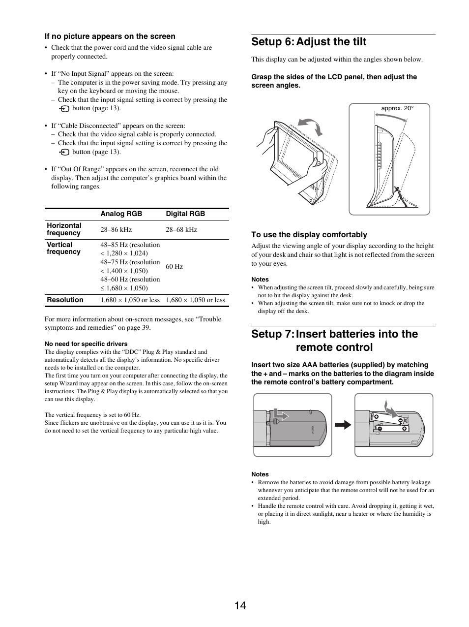 Setup 6: adjust the tilt, Setup 7: insert batteries into the remote control | Sony MFM-HT205 User Manual | Page 14 / 133