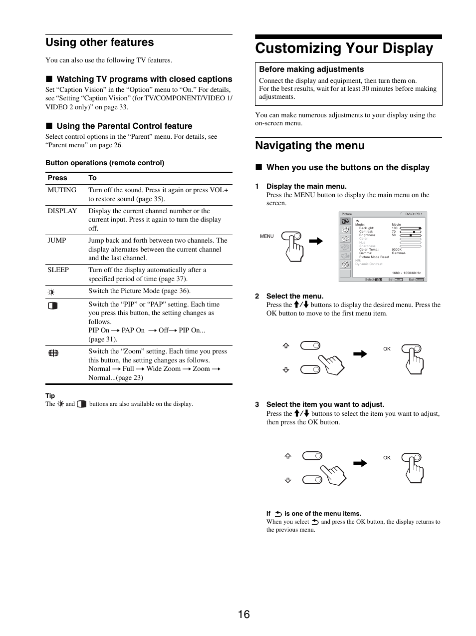 Using other features, Customizing your display, Navigating the menu | 16 using other features, X watching tv programs with closed captions, X using the parental control feature, X when you use the buttons on the display | Sony MFM-HT205 User Manual | Page 16 / 133