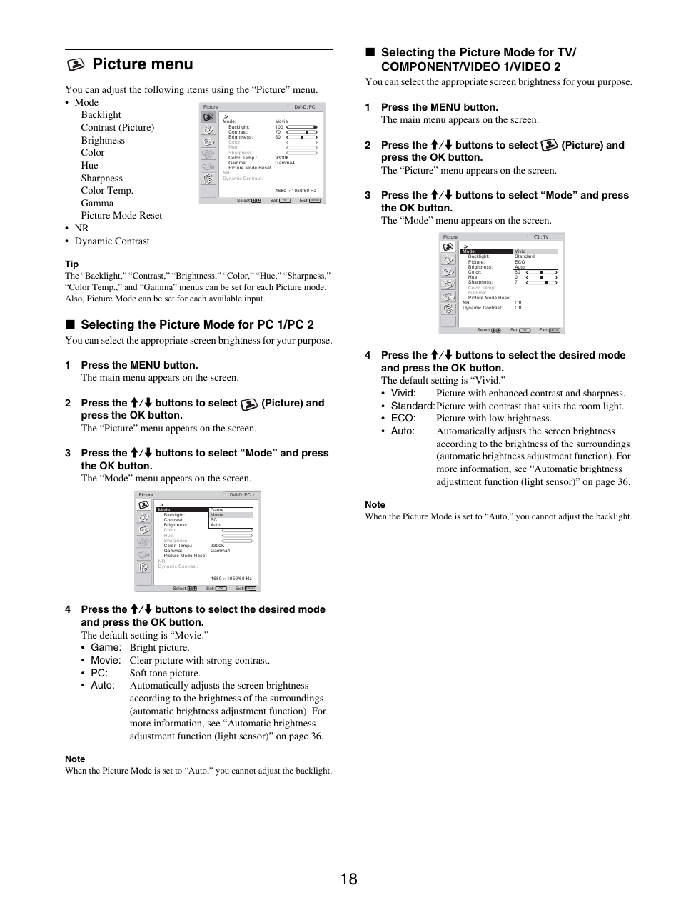 Picture menu, Selecting the picture mode for pc 1/pc 2, 18 picture menu | X selecting the picture mode for pc 1/pc 2 | Sony MFM-HT205 User Manual | Page 18 / 133