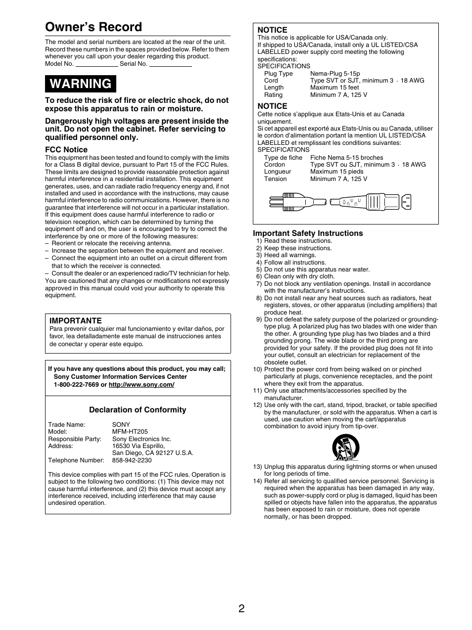 Owner’s record, Warning | Sony MFM-HT205 User Manual | Page 2 / 133