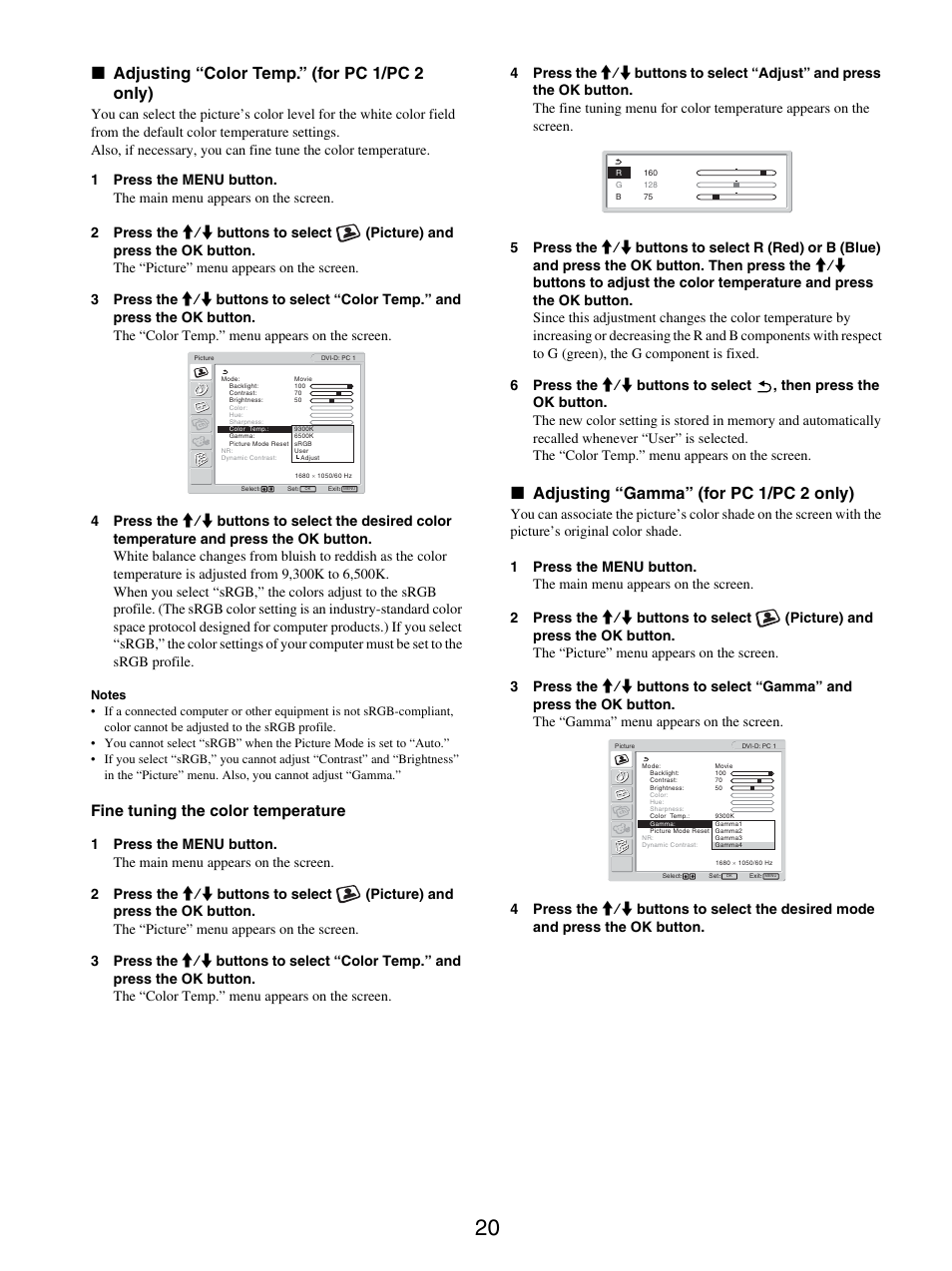 Adjusting “color temp.” (for pc 1/pc 2 only), Adjusting “gamma” (for pc 1/pc 2 only), X adjusting “color temp.” (for pc 1/pc 2 only) | X adjusting “gamma” (for pc 1/pc 2 only), Fine tuning the color temperature | Sony MFM-HT205 User Manual | Page 20 / 133