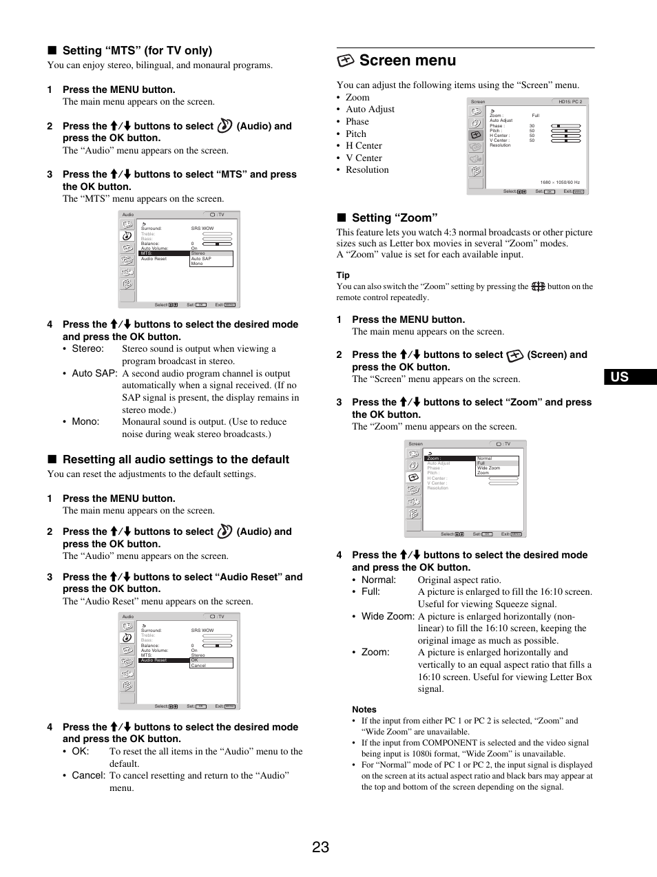 Setting “mts” (for tv only), Resetting all audio settings to the default, Screen menu | Setting “zoom, X setting “mts” (for tv only), X resetting all audio settings to the default, X setting “zoom | Sony MFM-HT205 User Manual | Page 23 / 133