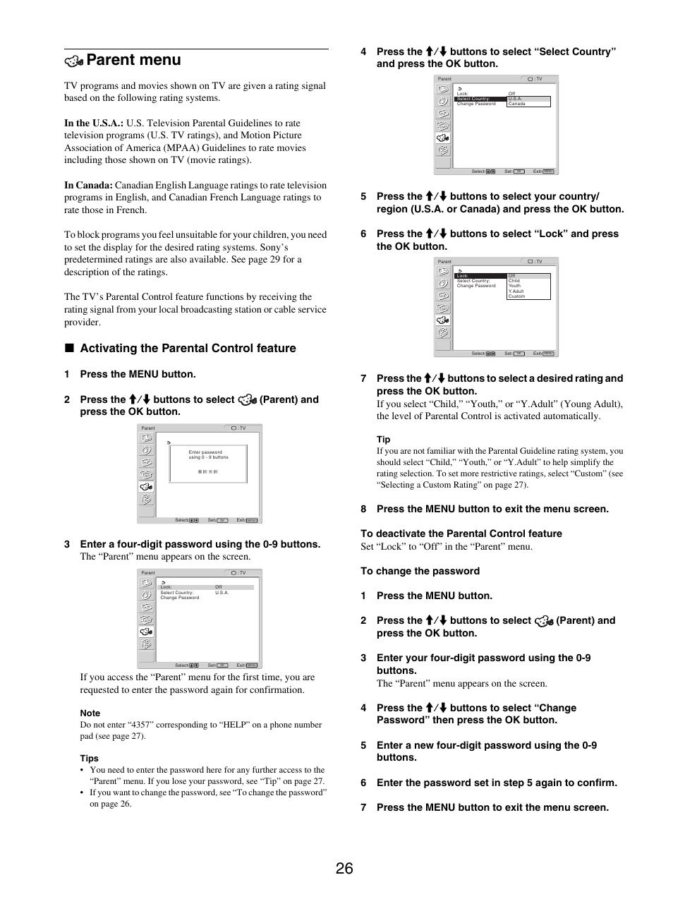 Parent menu, Activating the parental control feature, X activating the parental control feature | Sony MFM-HT205 User Manual | Page 26 / 133