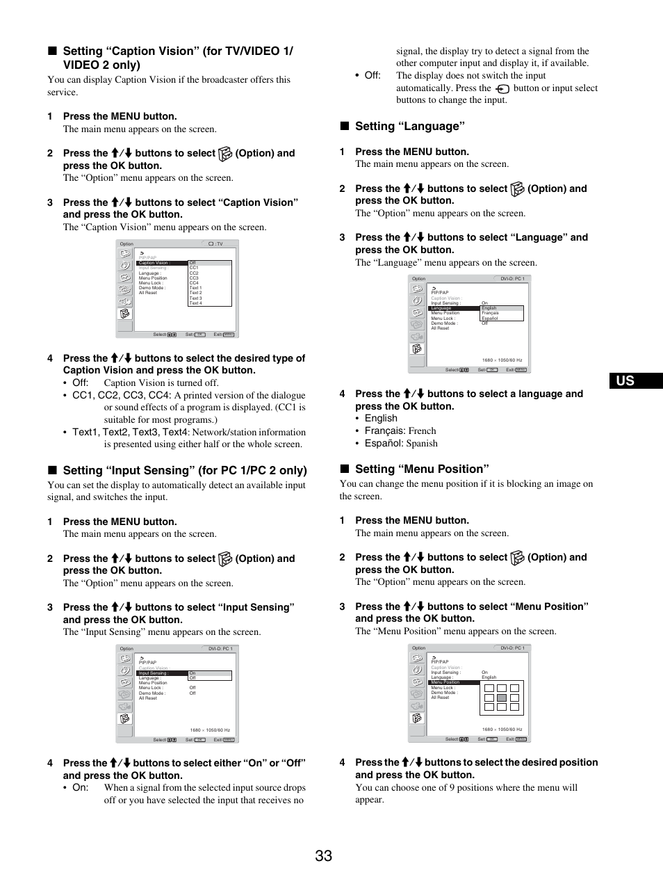 Setting “input sensing” (for pc 1/pc 2 only), Setting “language, Setting “menu position | X setting “input sensing” (for pc 1/pc 2 only), X setting “language, X setting “menu position | Sony MFM-HT205 User Manual | Page 33 / 133