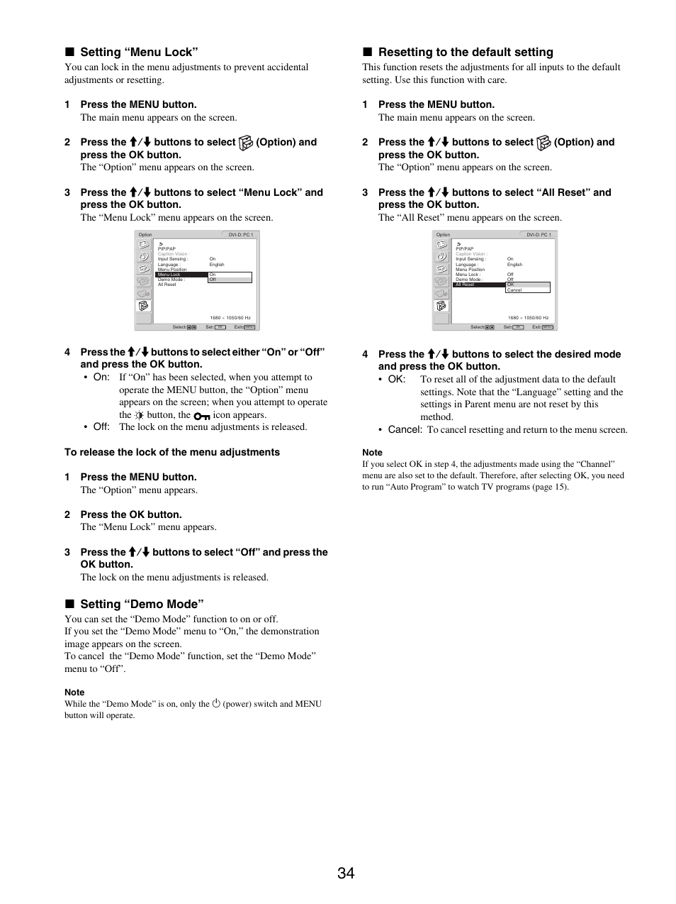 Setting “menu lock, Setting “demo mode, Resetting to the default setting | X setting “menu lock, X setting “demo mode, X resetting to the default setting | Sony MFM-HT205 User Manual | Page 34 / 133