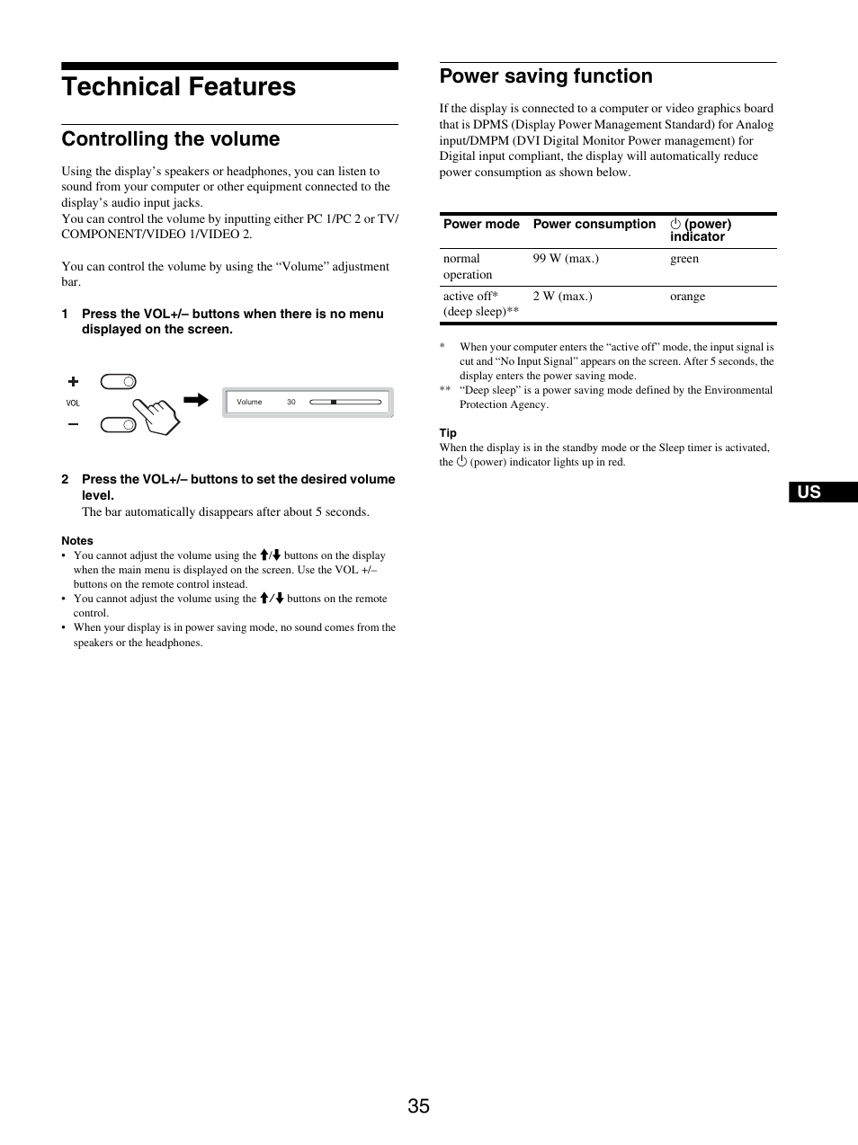 Technical features, Controlling the volume, Power saving function | Controlling the volume power saving function | Sony MFM-HT205 User Manual | Page 35 / 133