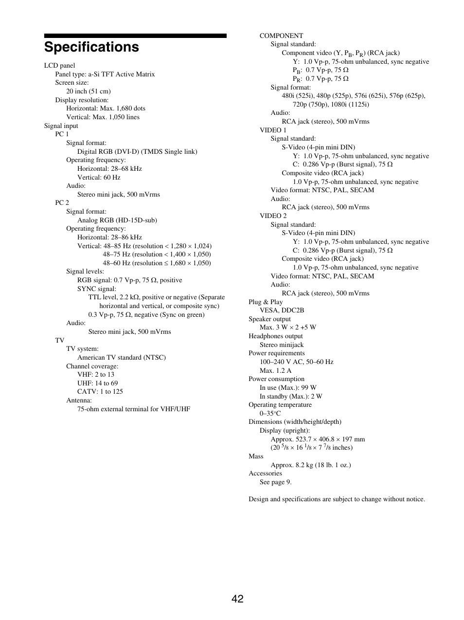 Specifications | Sony MFM-HT205 User Manual | Page 42 / 133