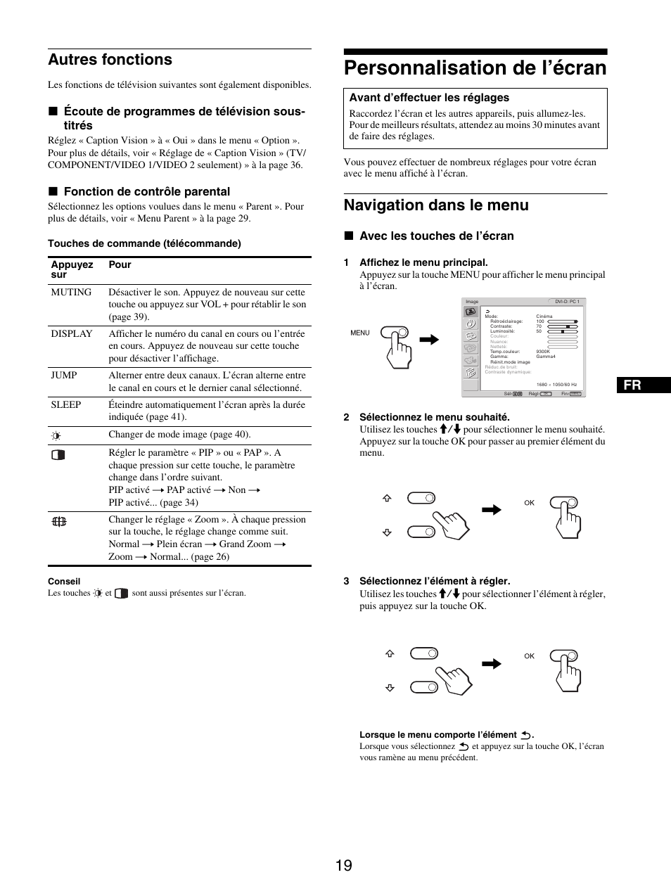 Autres fonctions, Personnalisation de l’écran, Navigation dans le menu | 19 autres fonctions, X écoute de programmes de télévision sous- titrés, X fonction de contrôle parental, X avec les touches de l’écran | Sony MFM-HT205 User Manual | Page 61 / 133
