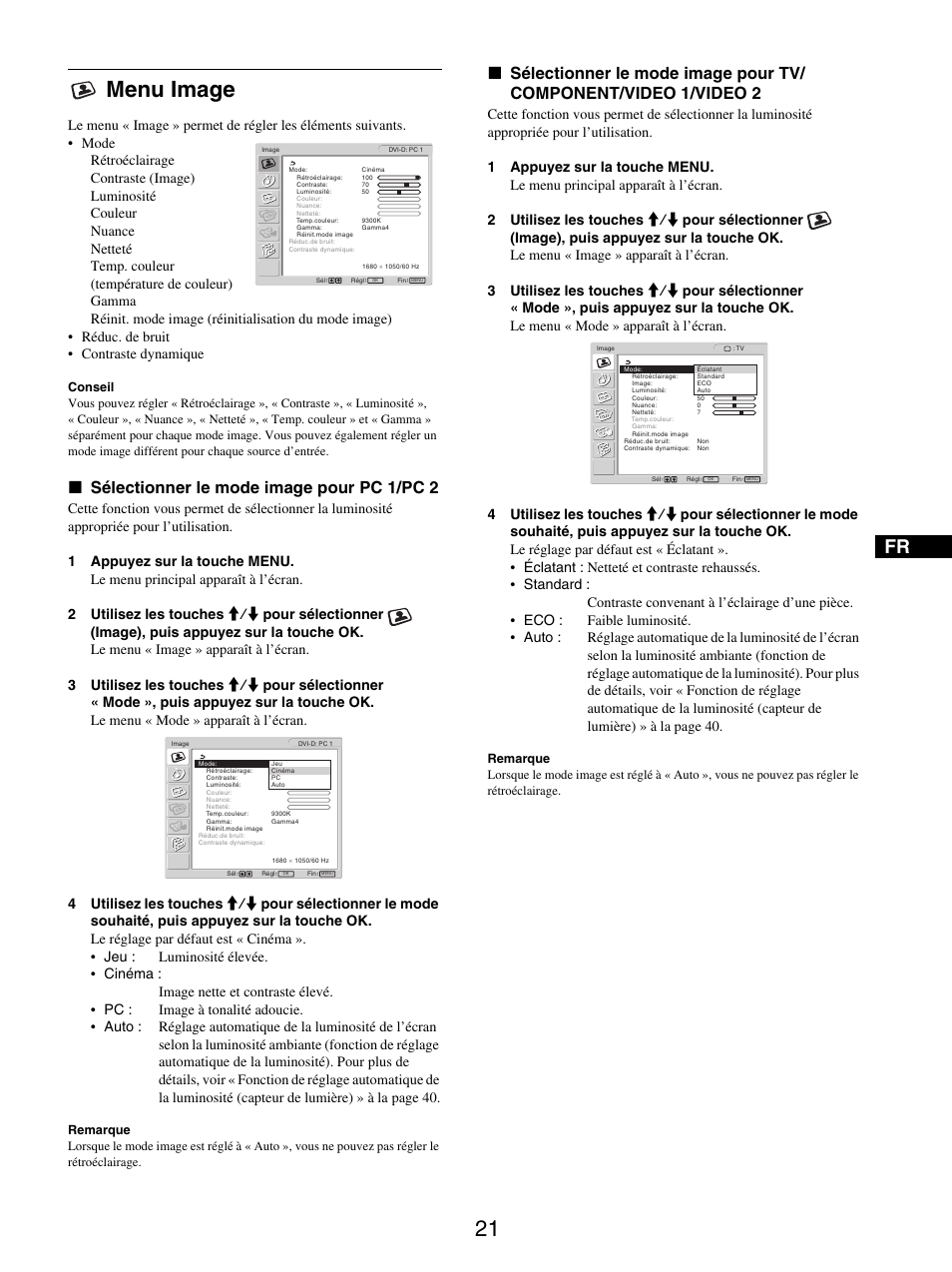 Menu image, Sélectionner le mode image pour pc 1/pc 2, 21 menu image | X sélectionner le mode image pour pc 1/pc 2 | Sony MFM-HT205 User Manual | Page 63 / 133