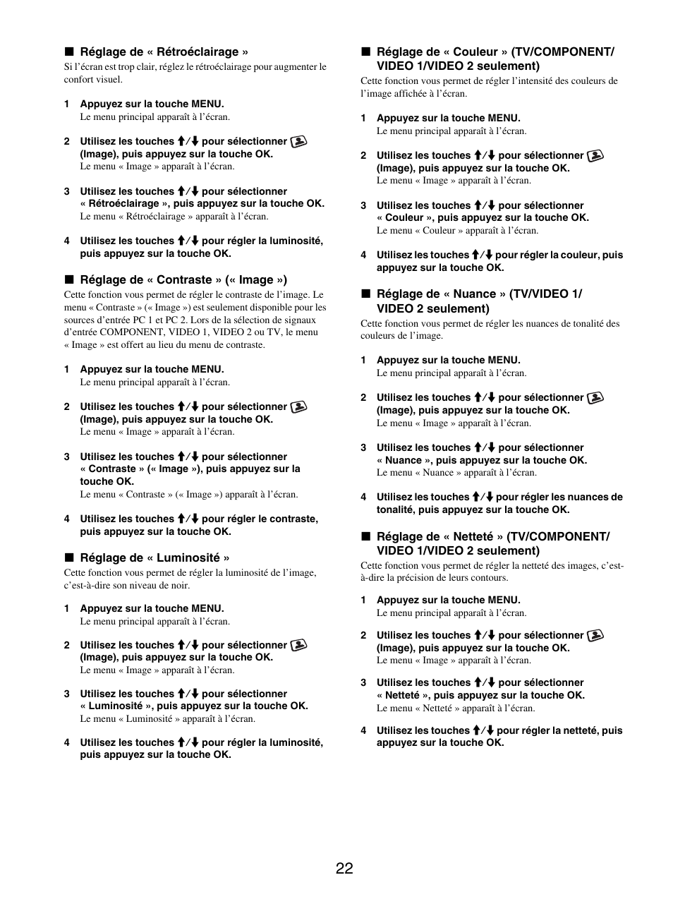 Réglage de « rétroéclairage, Réglage de « contraste » (« image »), Réglage de « luminosité | Sony MFM-HT205 User Manual | Page 64 / 133