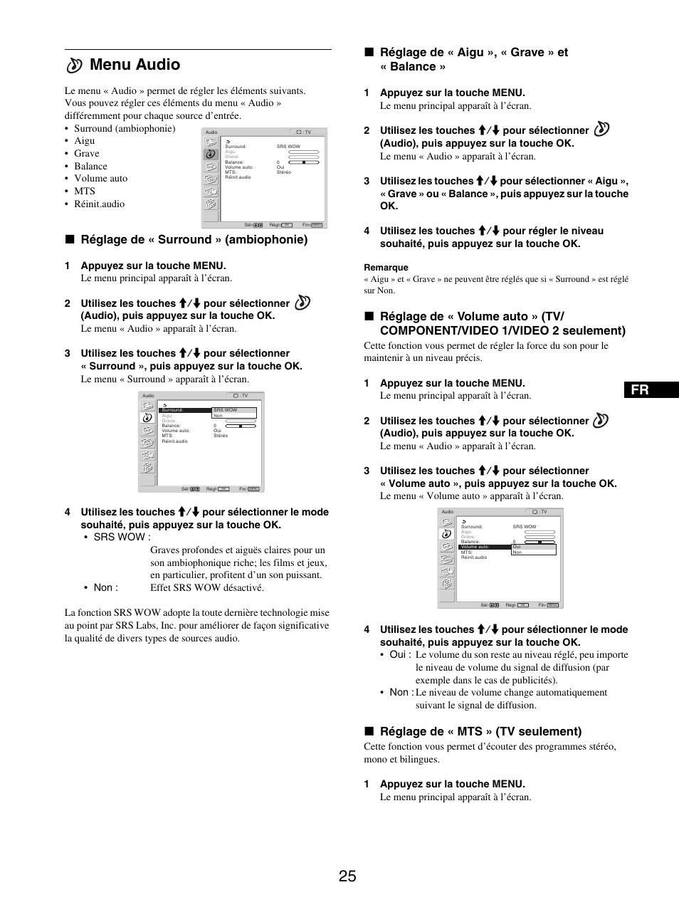 Menu audio, Réglage de « surround » (ambiophonie), Réglage de « aigu », « grave » et « balance | Réglage de « mts » (tv seulement), 25 menu audio, X réglage de « surround » (ambiophonie), X réglage de « aigu », « grave » et « balance, X réglage de « mts » (tv seulement) | Sony MFM-HT205 User Manual | Page 67 / 133