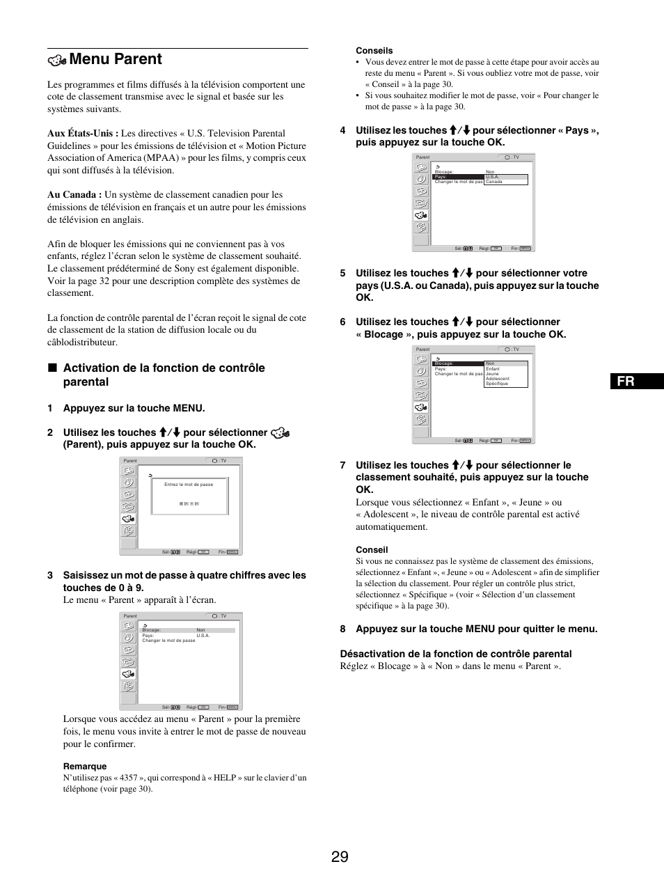 Menu parent, Activation de la fonction de contrôle parental, X activation de la fonction de contrôle parental | Sony MFM-HT205 User Manual | Page 71 / 133