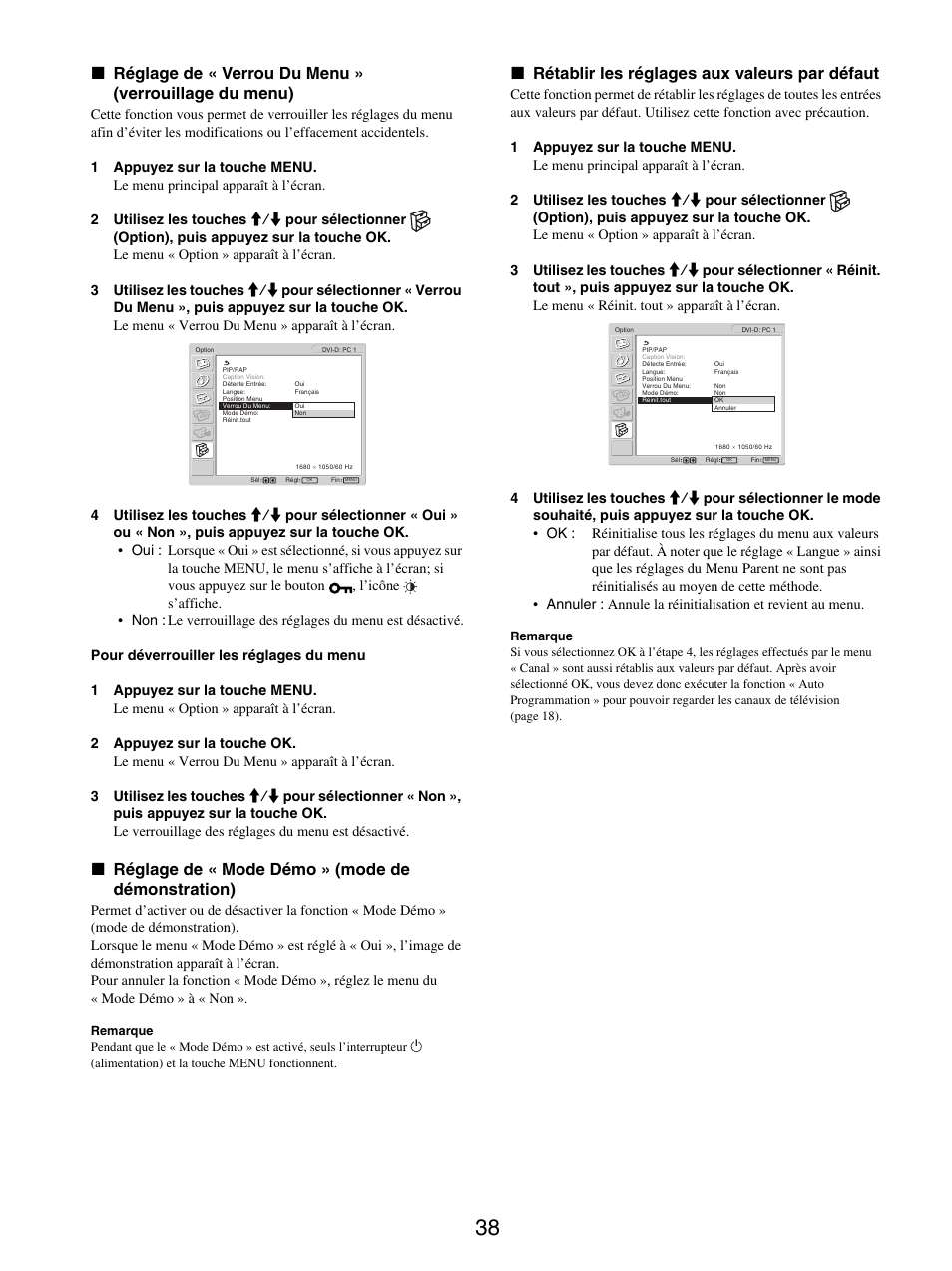 Réglage de « mode démo » (mode de démonstration), Rétablir les réglages aux valeurs par défaut, X réglage de « mode démo » (mode de démonstration) | X rétablir les réglages aux valeurs par défaut | Sony MFM-HT205 User Manual | Page 80 / 133