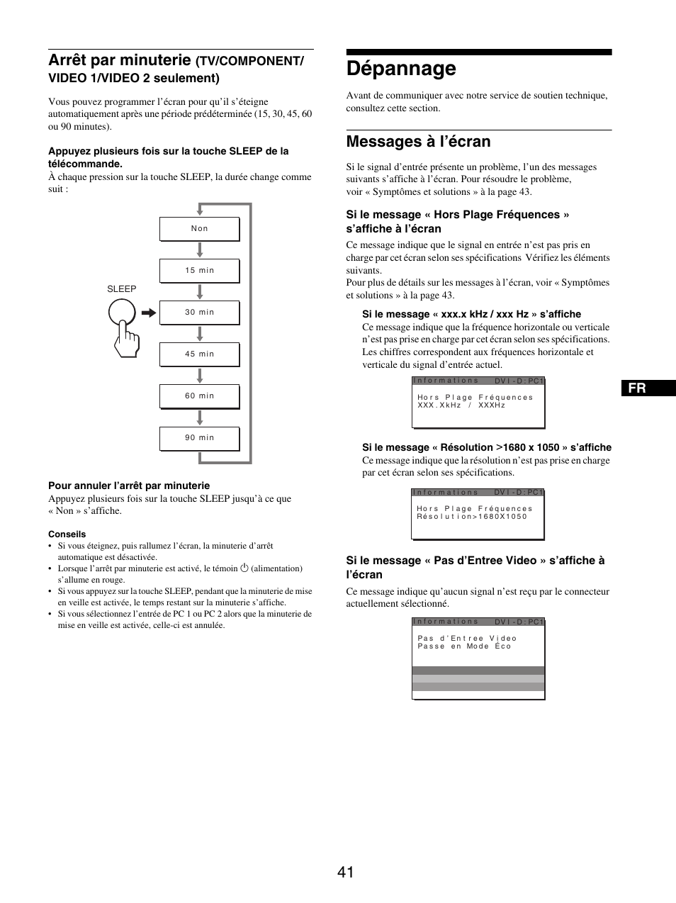 Dépannage, Messages à l’écran, 41 arrêt par minuterie | Tv/component/ video 1/video 2 seulement) | Sony MFM-HT205 User Manual | Page 83 / 133