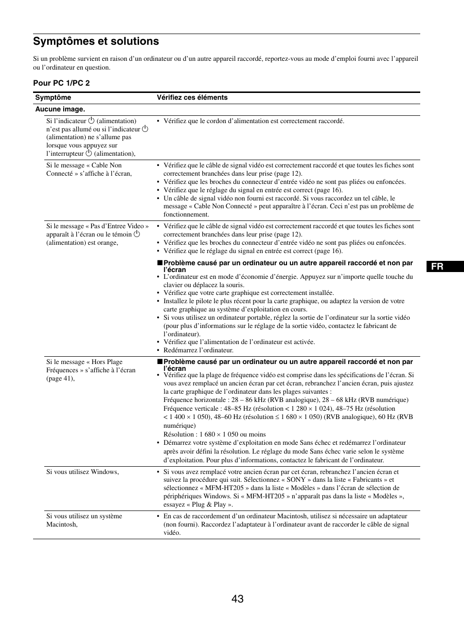 Symptômes et solutions, 43 symptômes et solutions | Sony MFM-HT205 User Manual | Page 85 / 133