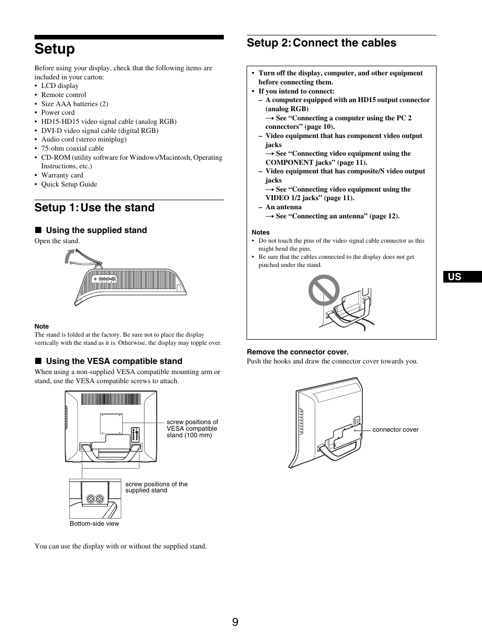 Setup, Setup 1: use the stand, Setup 2: connect the cables | Setup 1: use the stand setup 2: connect the cables | Sony MFM-HT205 User Manual | Page 9 / 133