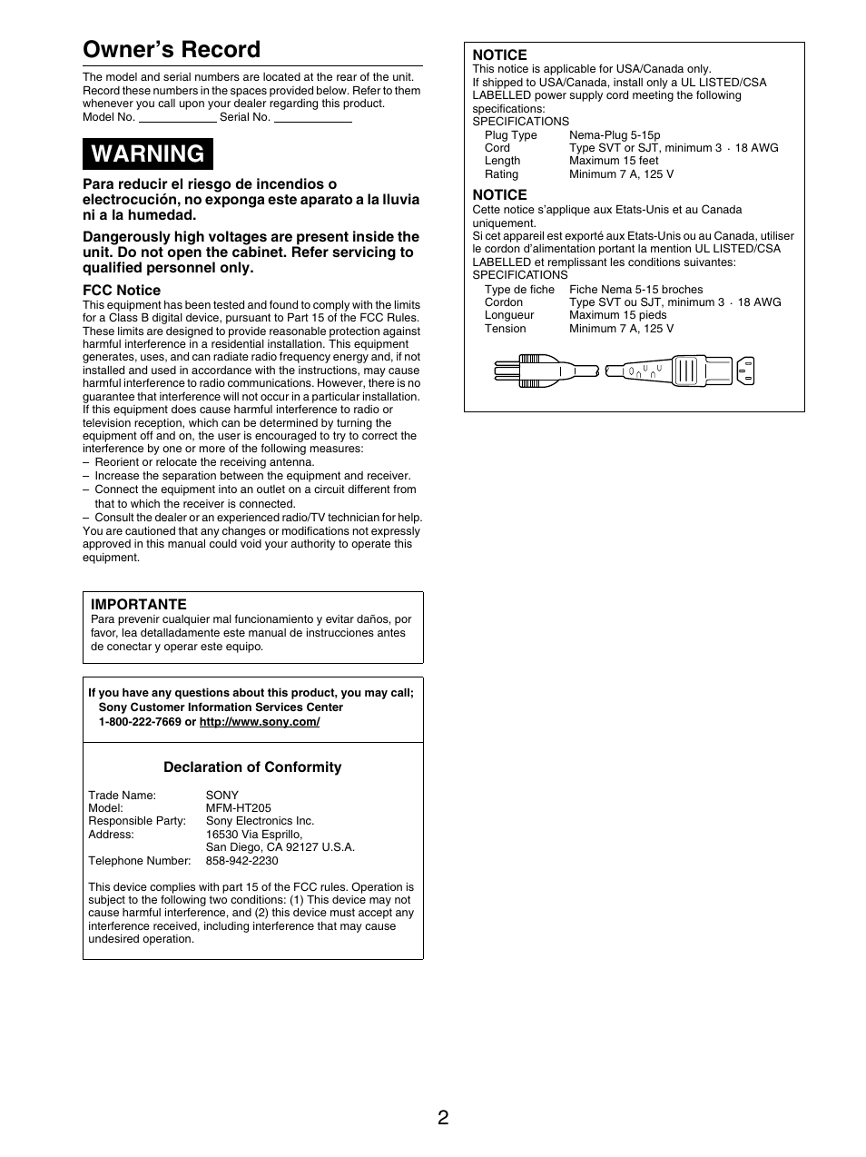 Owner’s record, Warning | Sony MFM-HT205 User Manual | Page 90 / 133