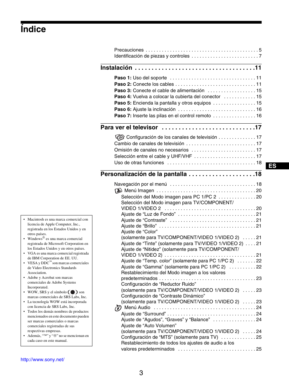 Índice, Instalación, Para ver el televisor | Personalización de la pantalla | Sony MFM-HT205 User Manual | Page 91 / 133
