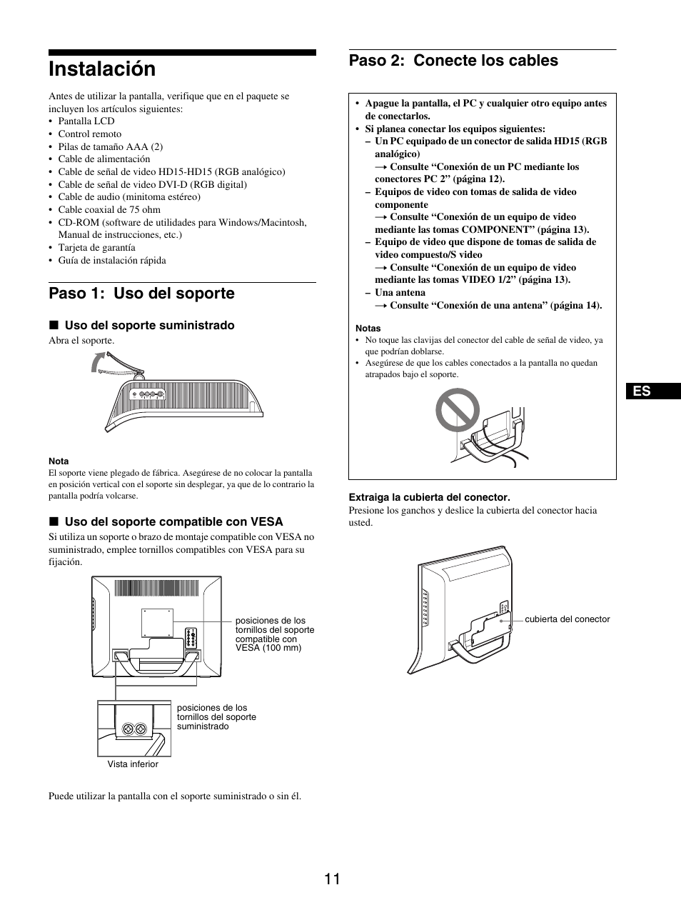 Instalación, Paso 1: uso del soporte, Paso 2: conecte los cables | Paso 1: uso del soporte paso 2: conecte los cables | Sony MFM-HT205 User Manual | Page 99 / 133