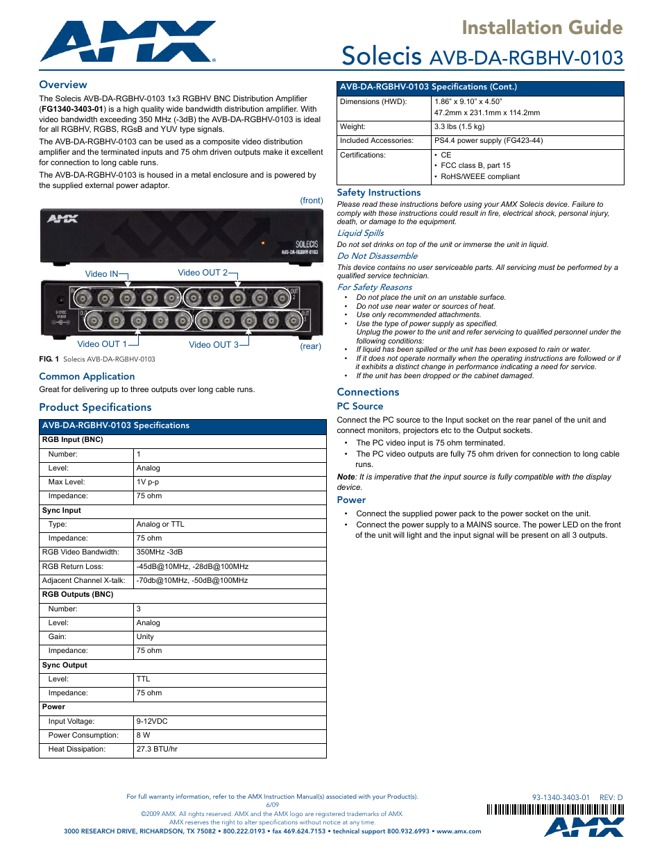 AMX Solecis AVB-DA-RGBHV-0103 User Manual | 1 page