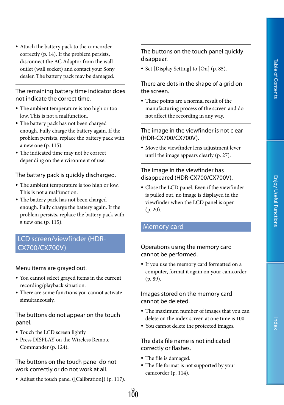 Lcd screen/viewfinder (hdr-cx700, Cx700v), Memory card | Sony HDR-CX700V User Manual | Page 100 / 128