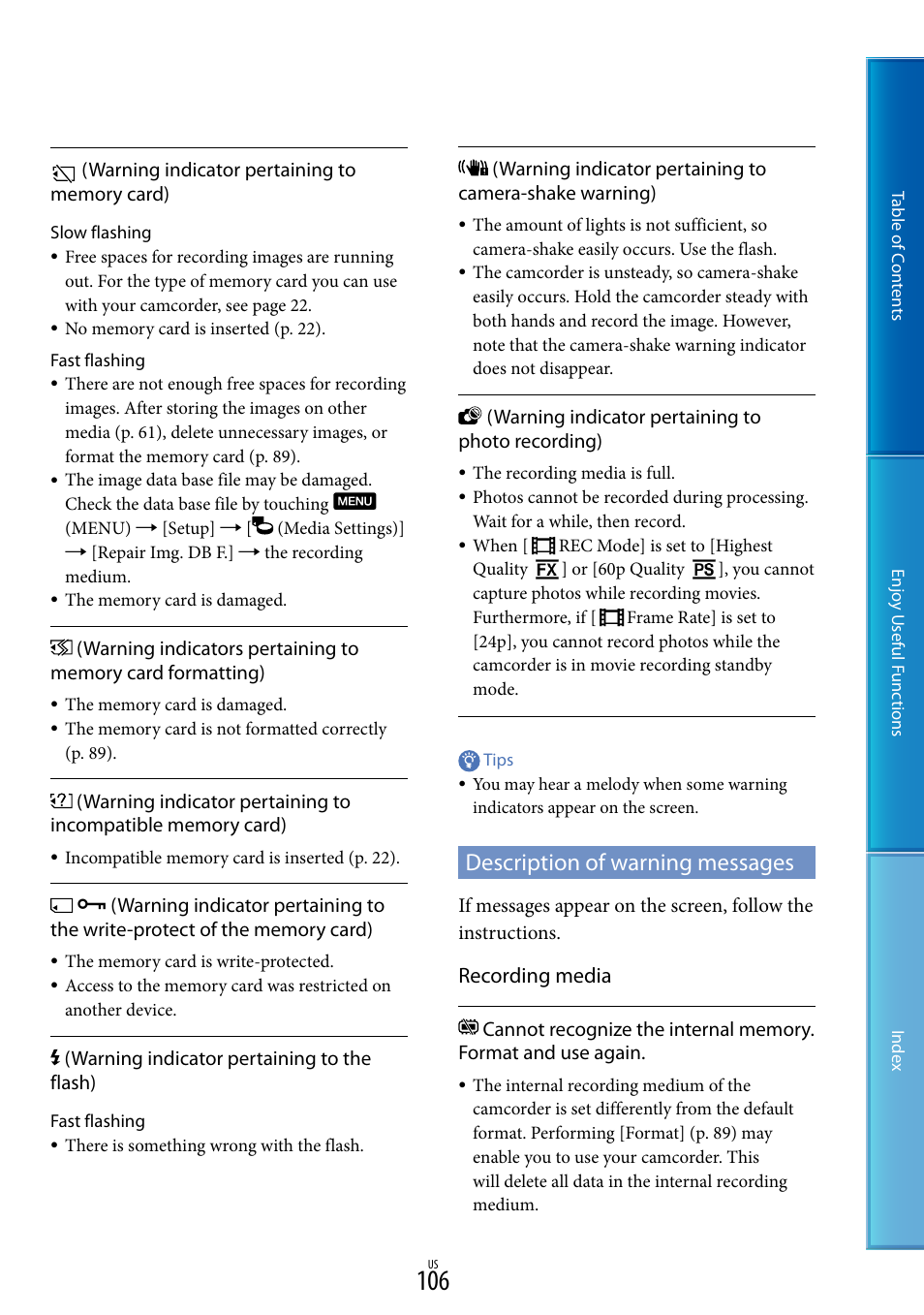 Description of warning messages, Recording media | Sony HDR-CX700V User Manual | Page 106 / 128