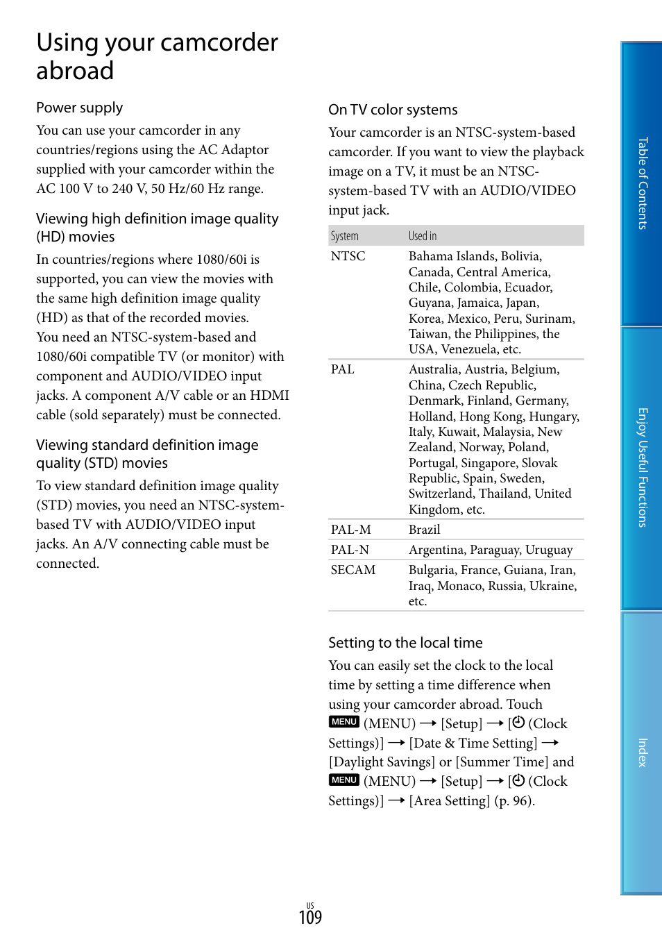 Using your camcorder abroad | Sony HDR-CX700V User Manual | Page 109 / 128