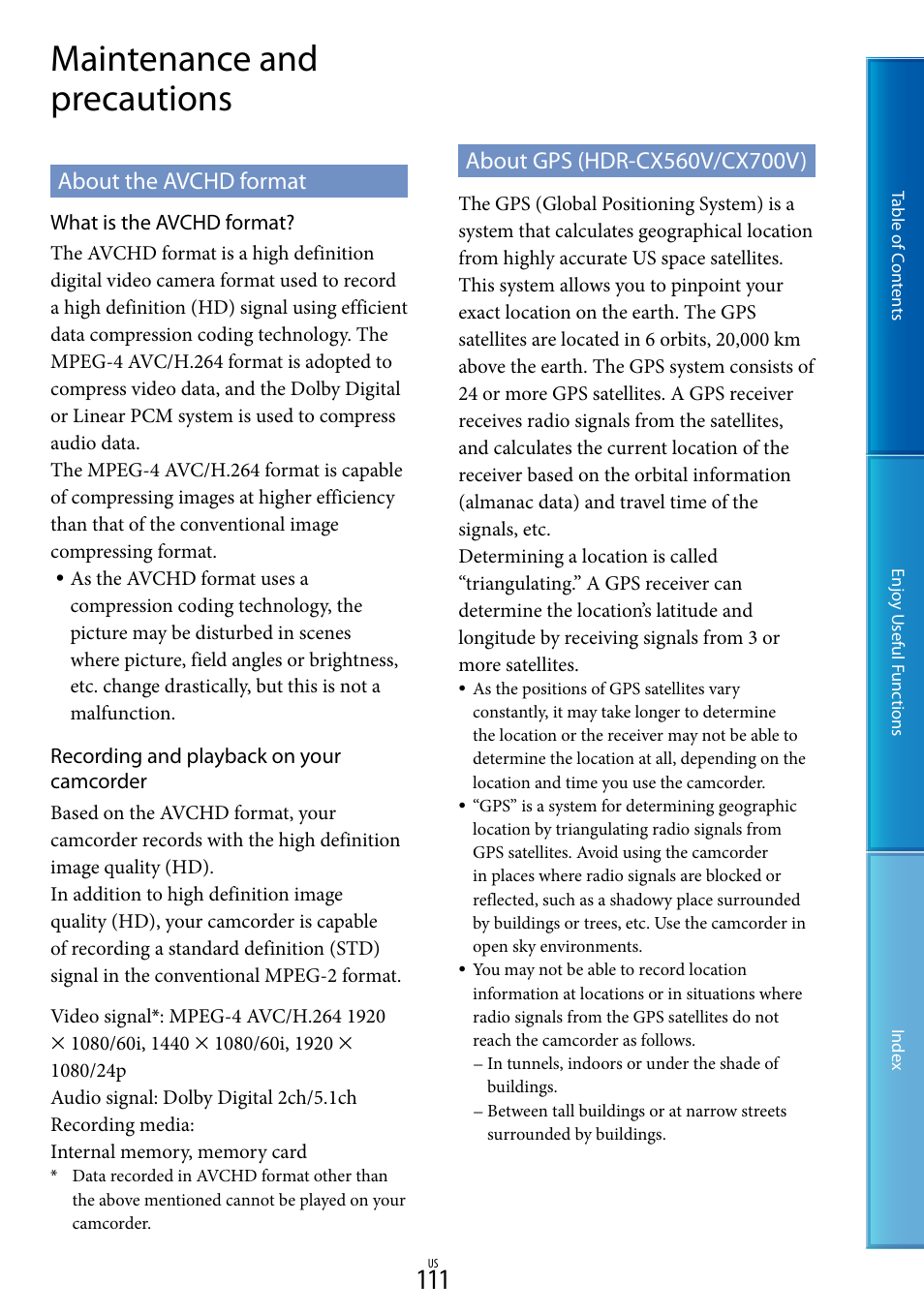 Maintenance and precautions, About the avchd format, About gps (hdr-cx560v/cx700v) | Sony HDR-CX700V User Manual | Page 111 / 128