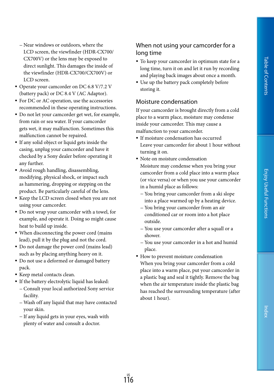 When not using your camcorder for a long time, Moisture condensation | Sony HDR-CX700V User Manual | Page 116 / 128