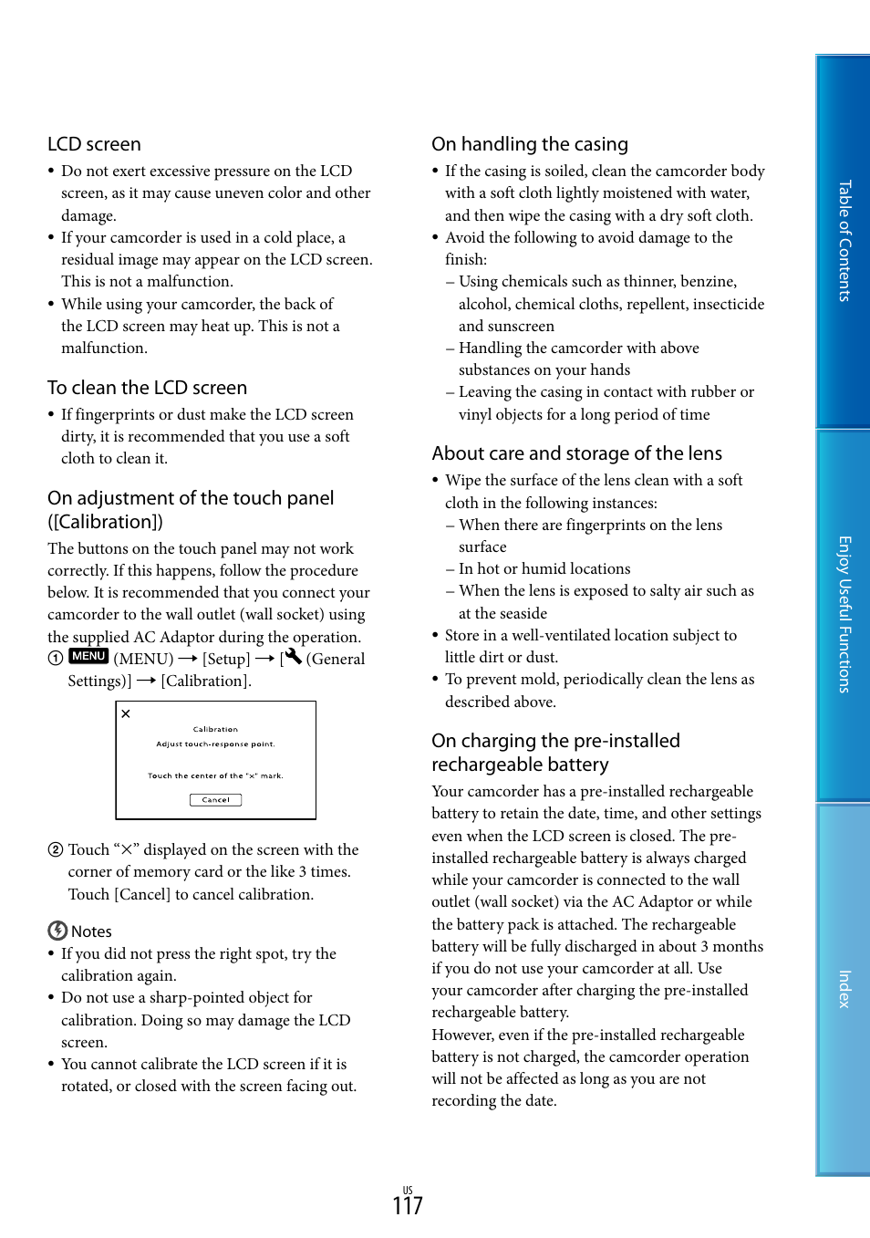 Lcd screen, On adjustment of the touch panel ([calibration]), On handling the casing | About care and storage of the lens, On charging the pre-installed rechargeable battery | Sony HDR-CX700V User Manual | Page 117 / 128