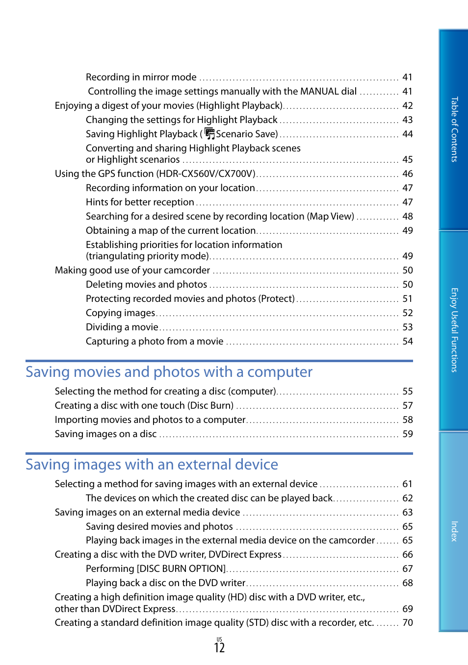 Saving movies and photos with a computer, Saving images with an external device | Sony HDR-CX700V User Manual | Page 12 / 128