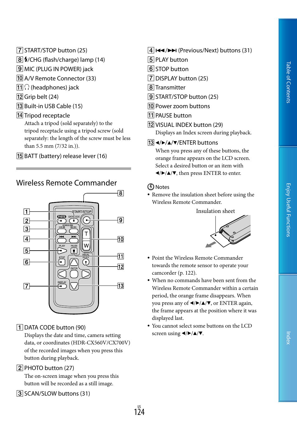 124) t, Wireless remote commander | Sony HDR-CX700V User Manual | Page 124 / 128