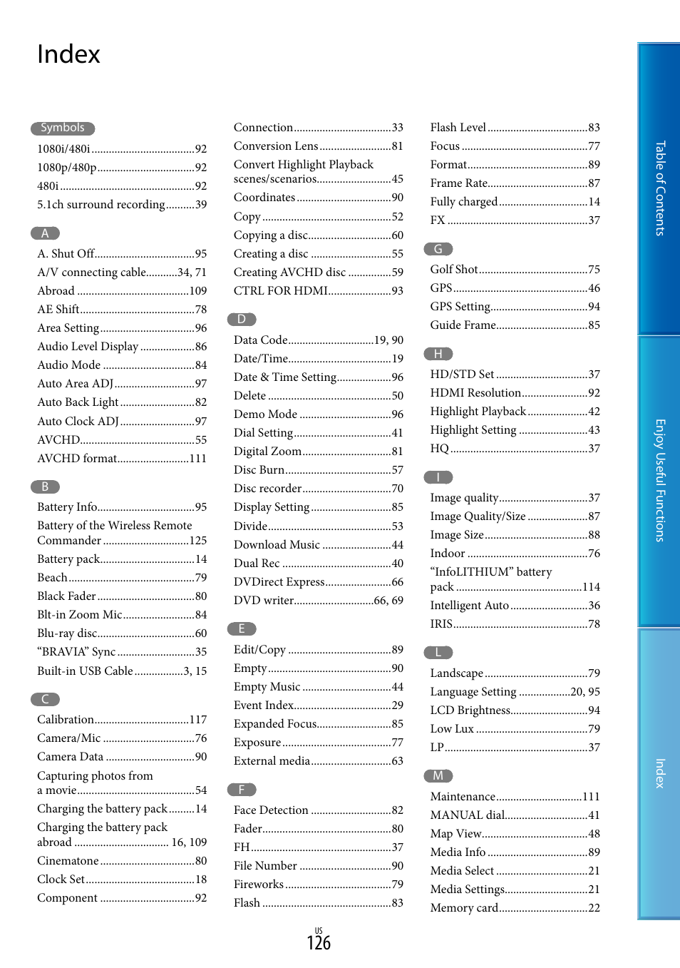 Index | Sony HDR-CX700V User Manual | Page 126 / 128