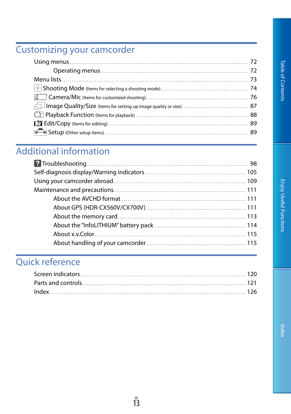 Customizing your camcorder, Additional information, Quick reference | Sony HDR-CX700V User Manual | Page 13 / 128