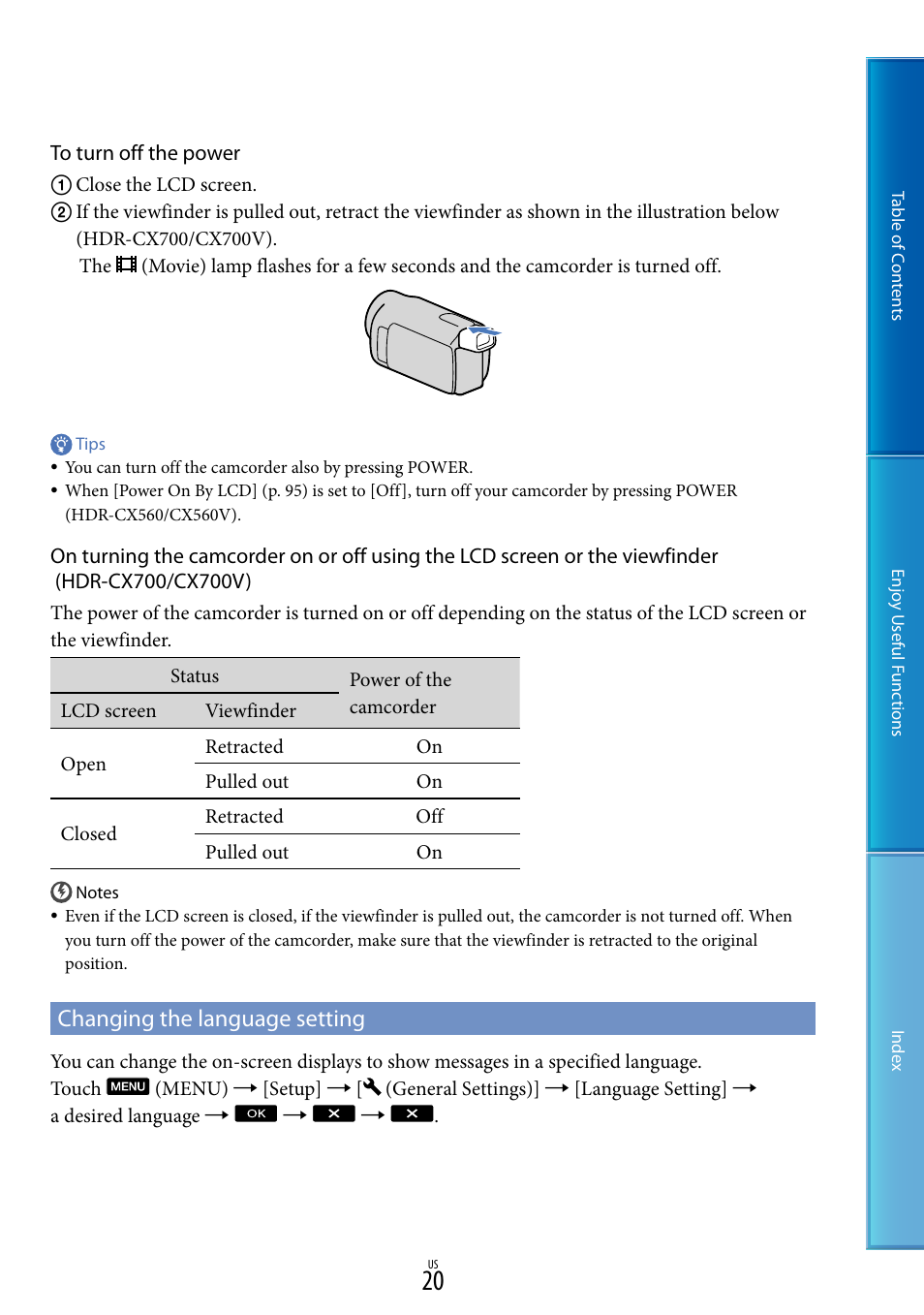 Changing the language setting | Sony HDR-CX700V User Manual | Page 20 / 128