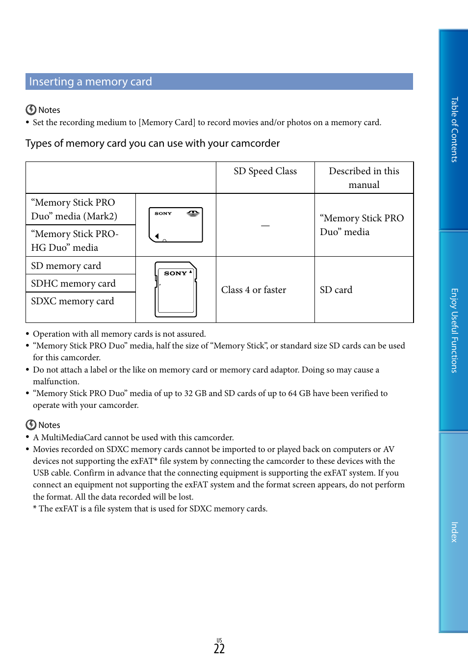 Inserting a memory card, E 22 f | Sony HDR-CX700V User Manual | Page 22 / 128