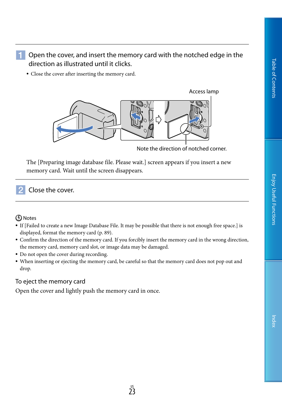 Close the cover | Sony HDR-CX700V User Manual | Page 23 / 128